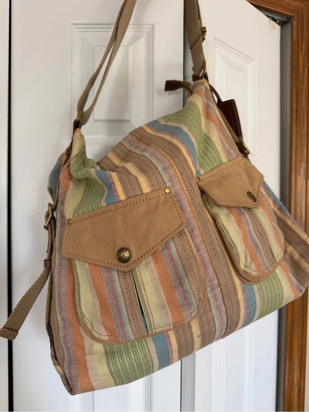 Vintage Fossil Pastel Striped Canvas Shoulder Bag Boho
